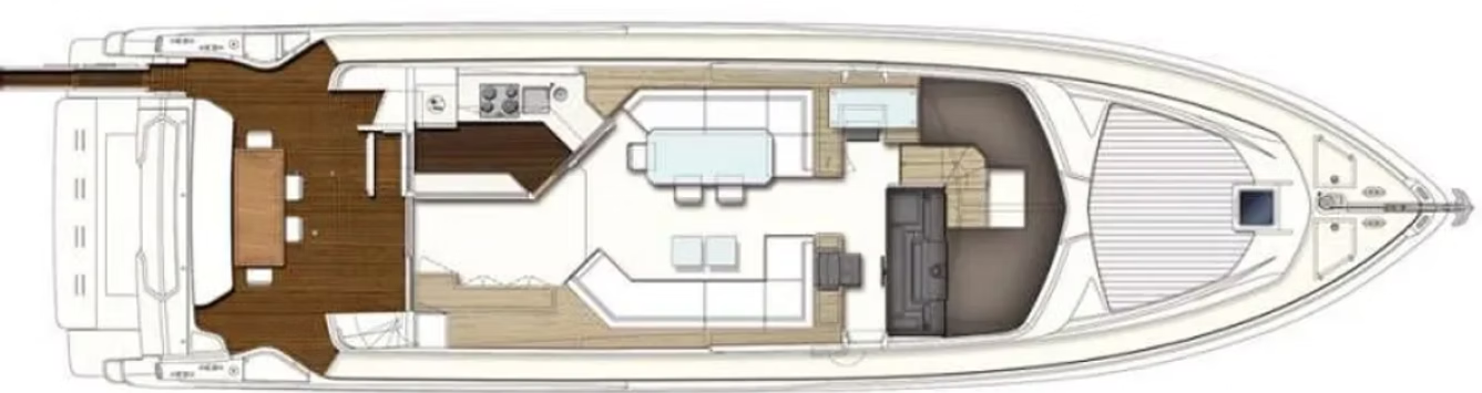 Main deck floorplan — salon, galley, helm, aft dining