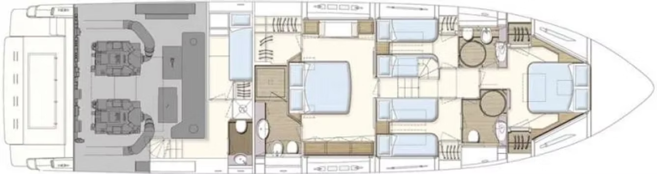 Lower deck floorplan — four staterooms with ensuite heads